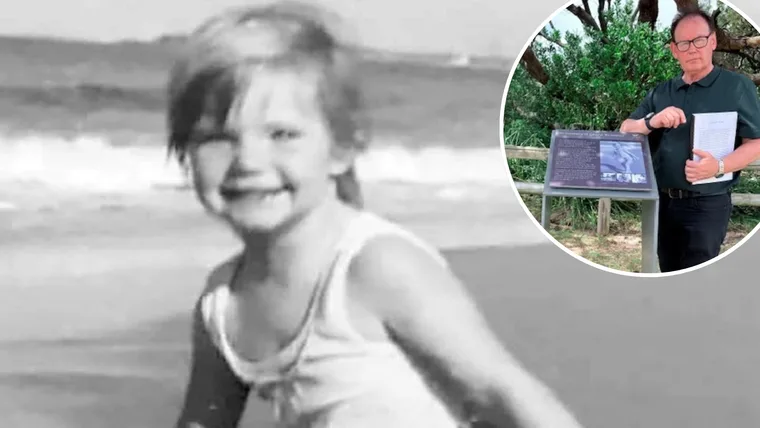 A black and white image of a young child with an inset of a man next to a memorial.