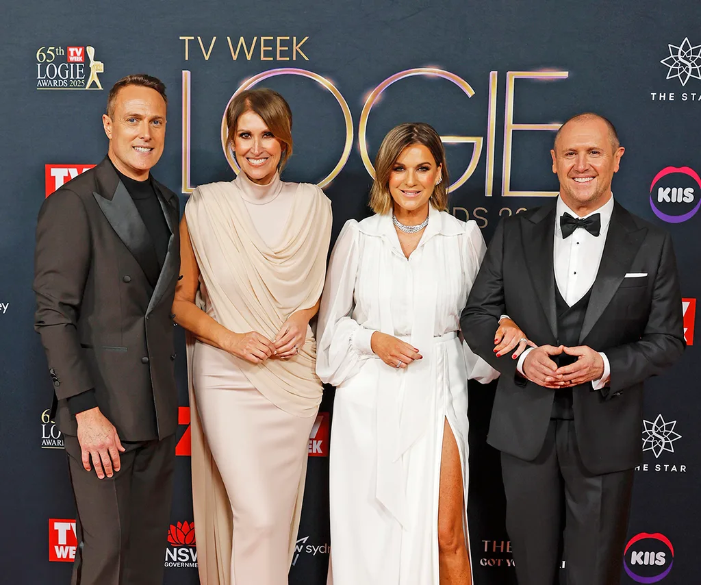Matt stands next to Natalie Barr, Kylie Gillies and Larry Emdur, with a background reading "TV WEEK Logies"