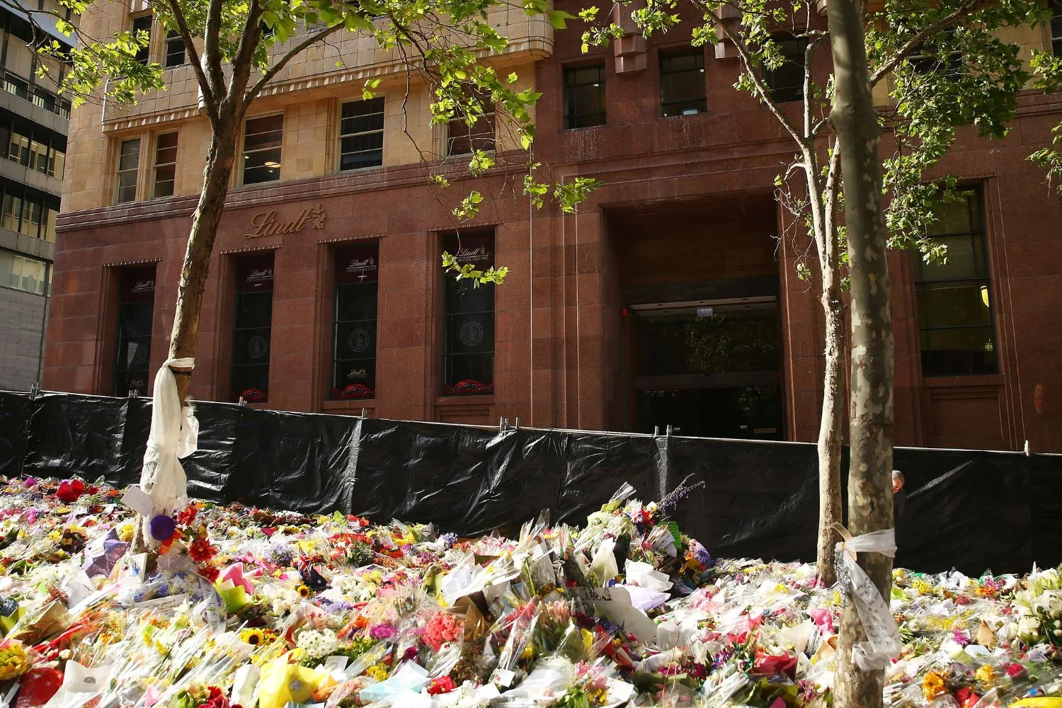 Flowers lay in tribute at Martin Place to those who died during the Lindt Cafe siege
