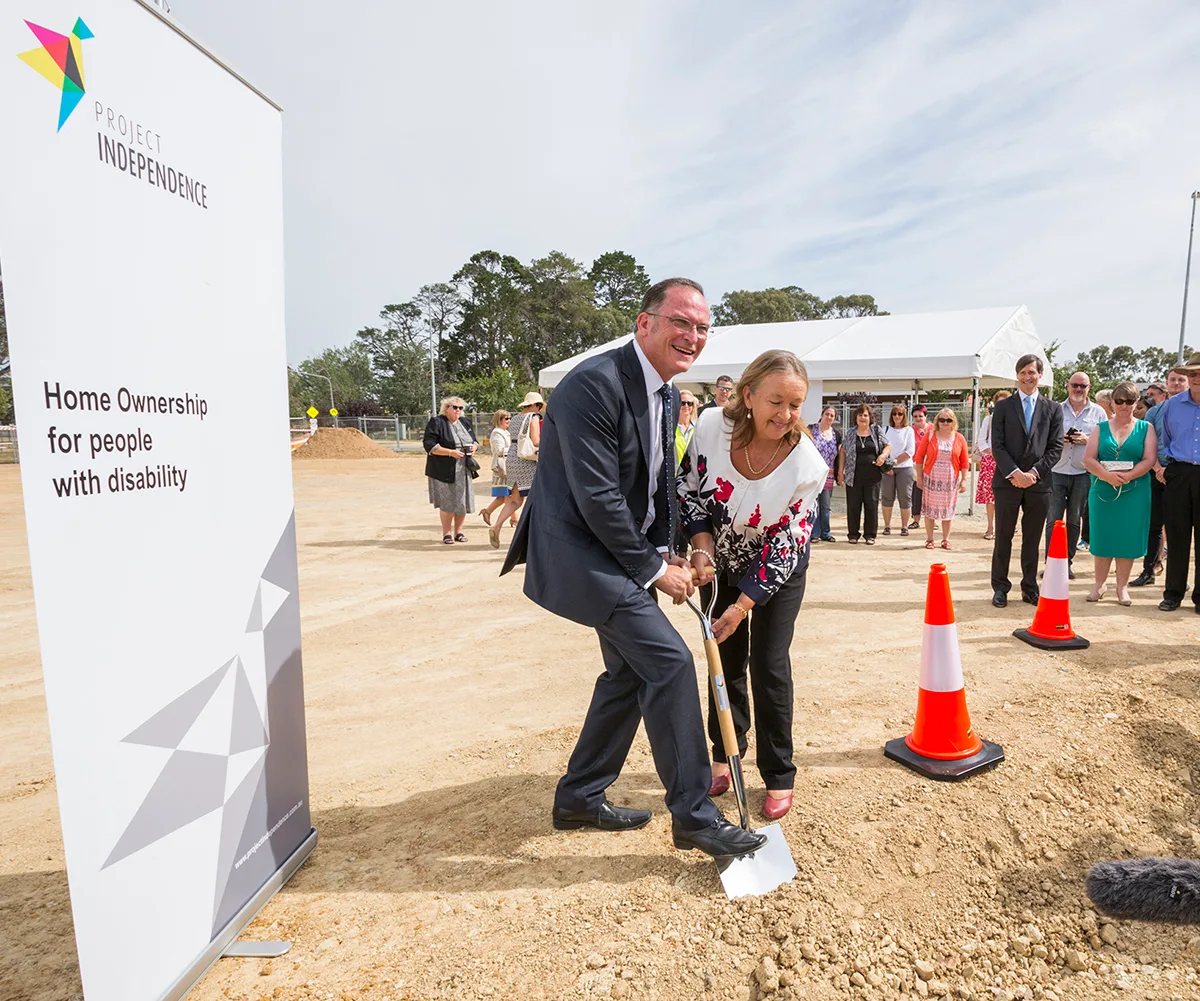 Me with the then ACT Minister for Disability Joy Burch at the breaking ground ceremony for Project Independence in Harrison in 2015. (Image: Supplied)