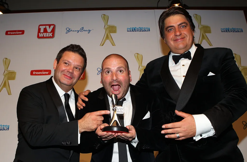Gary Mehigan, George Calombaris, and Matt Preston of MasterChef pose at the 2011 Logies