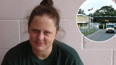 A woman looking to camera with an inset of a prison.