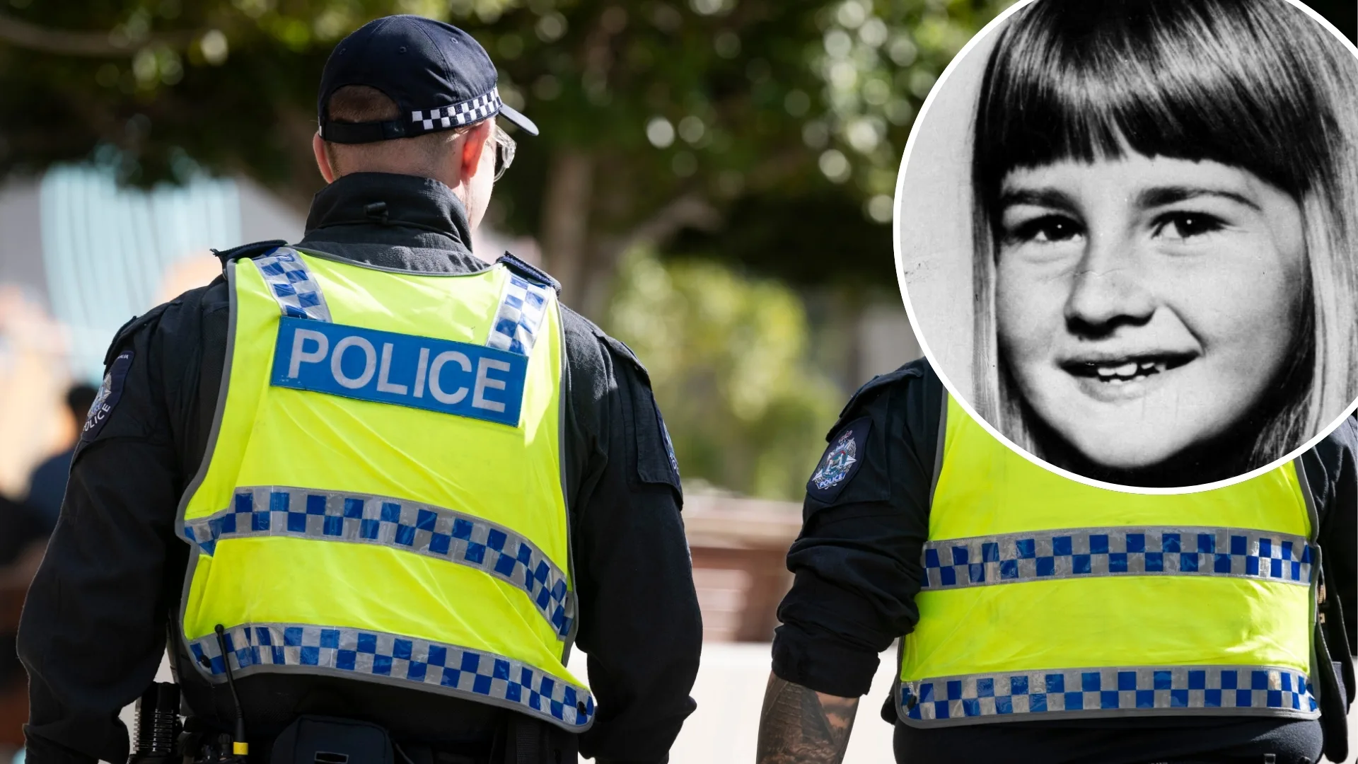 An image of the backs of two police officers and an inset of a child's image.