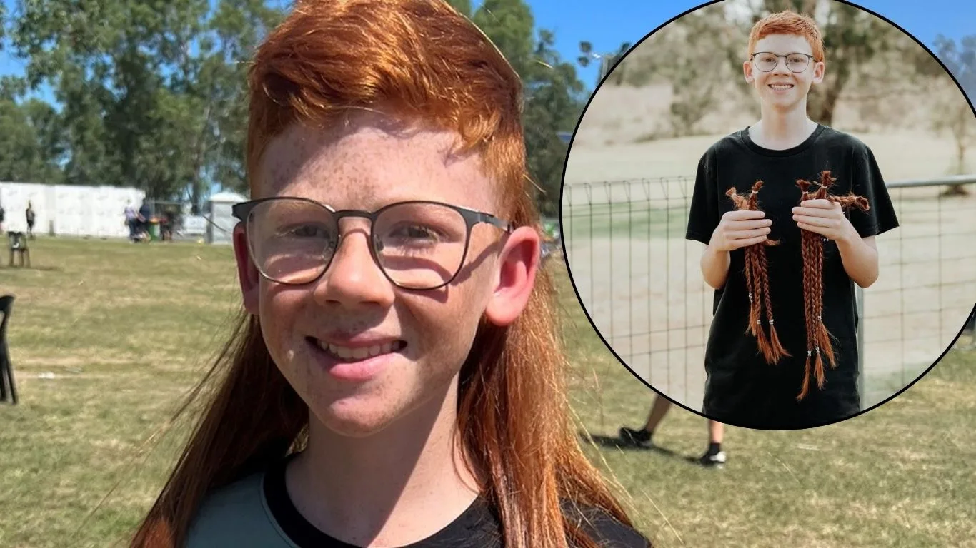 Jayce with his mullet and after he cut all of his hair off. (Image: Supplied)