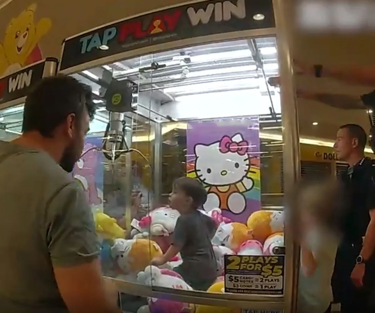 Ethan in the toy machine while I watched on not knowing what to do. (Image: Supplied)