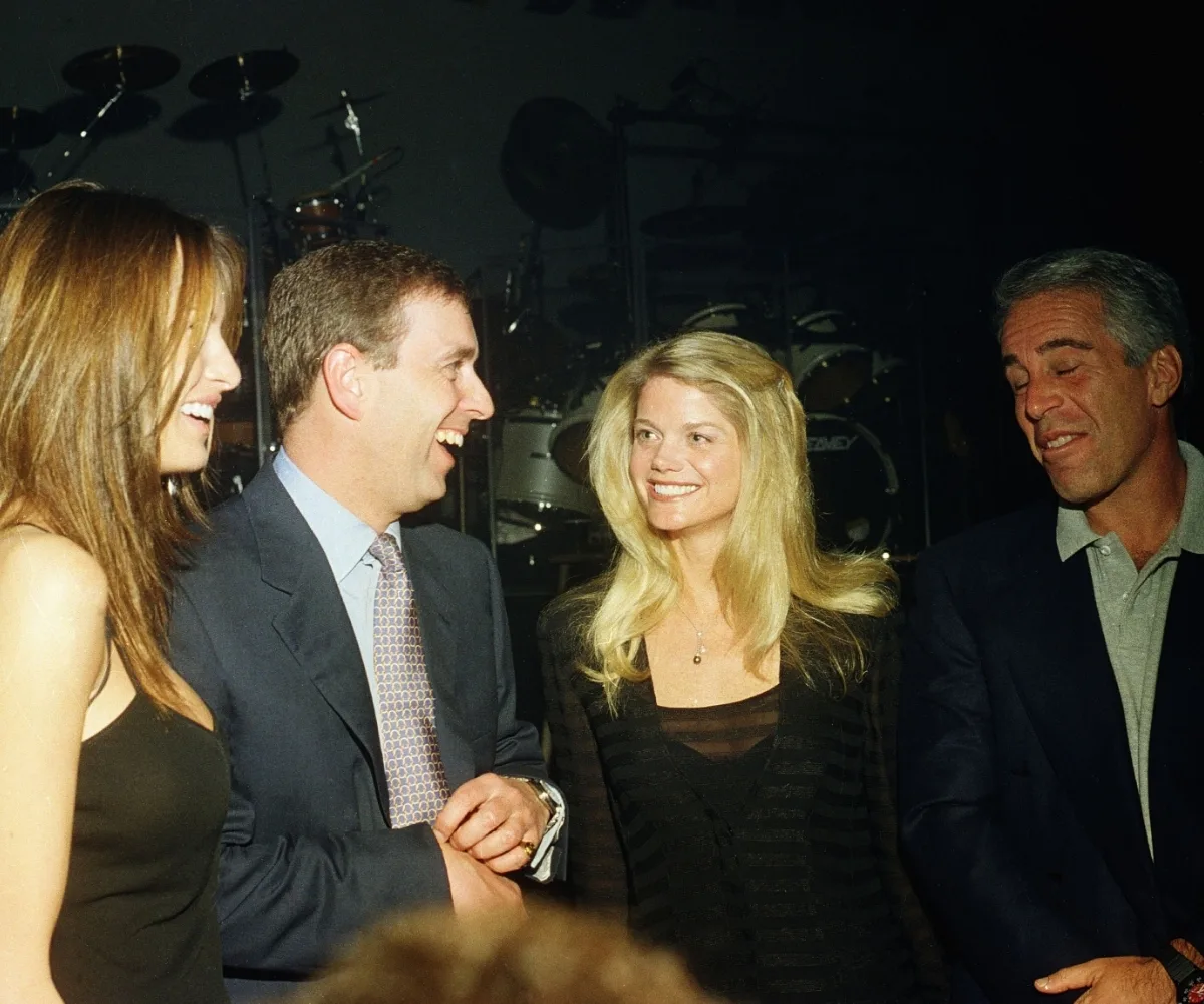 Prince Andrew and Jeffrey Epstein engaging with guests at a party