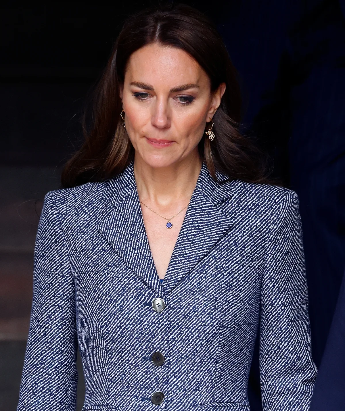 Kate, the Princess of Wales, pictured in an elegant blue and white tweed coat dress.