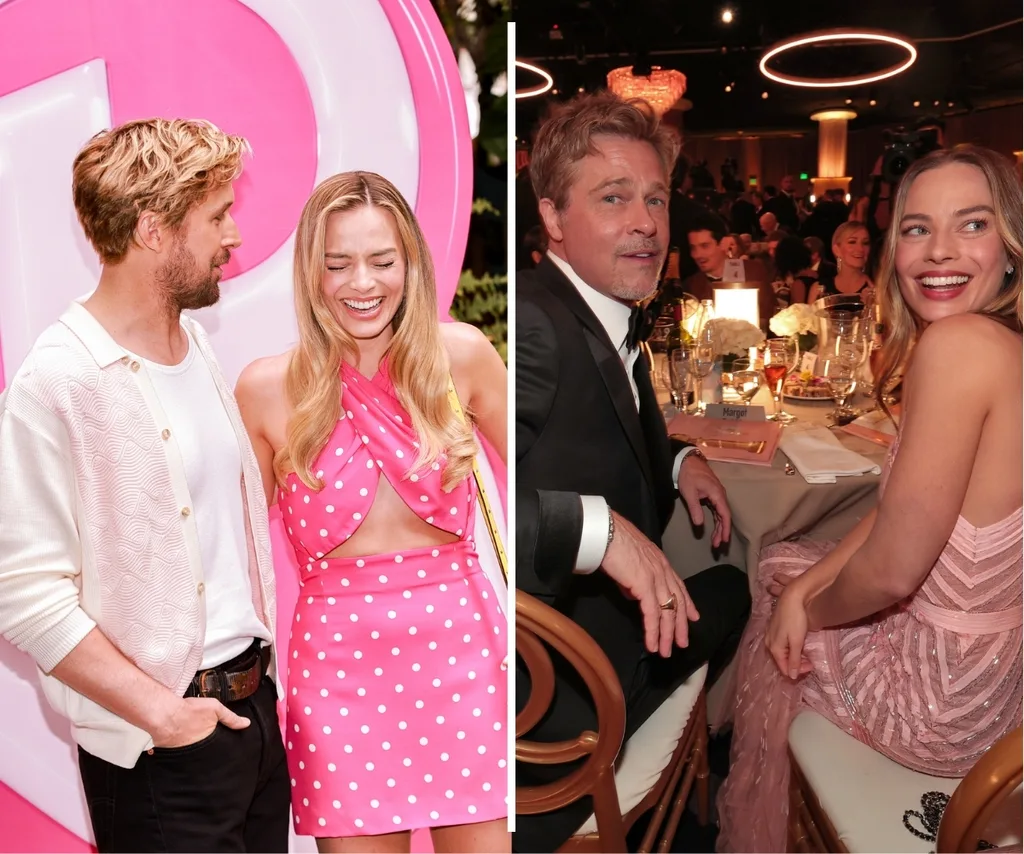 Margot Robbie with co-stars Ryan Gosling and Brad Pitt