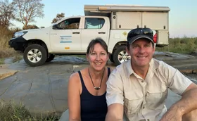 Shelley and Lars with their camper in Africa. (Image: Supplied)