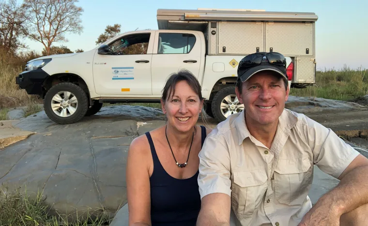 Shelley and Lars with their camper in Africa. (Image: Supplied)