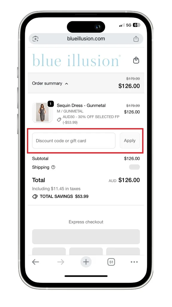 The Blue Illusion discount code field at checkout on a mobile device.