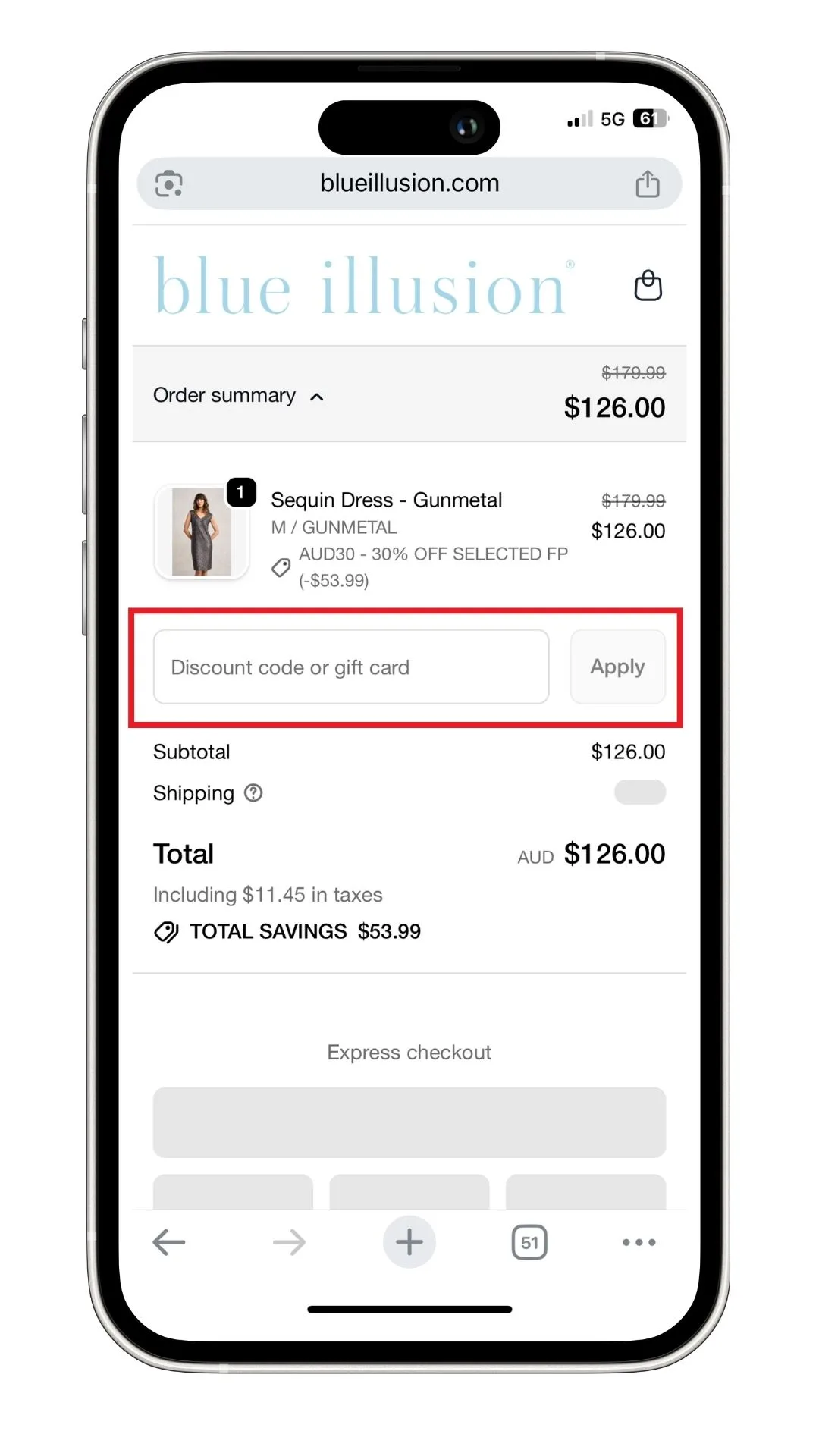 The Blue Illusion discount code field at checkout on a mobile device.