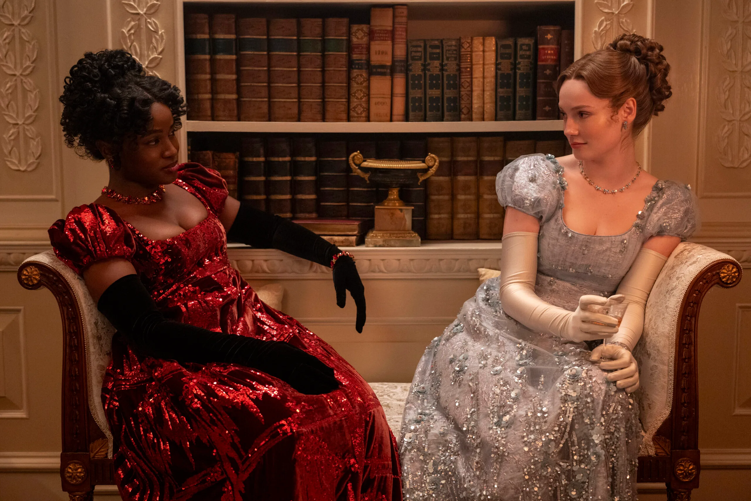 Bridgerton stars Masali Baduza and Hannah Dodd, as Michaela and Francesca Stirling