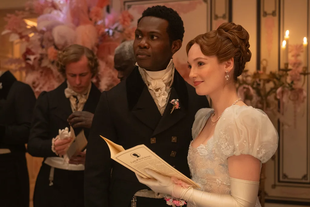 Hannah Dodd and Victor Alli as Lord John and Francesca Stirling in Bridgerton