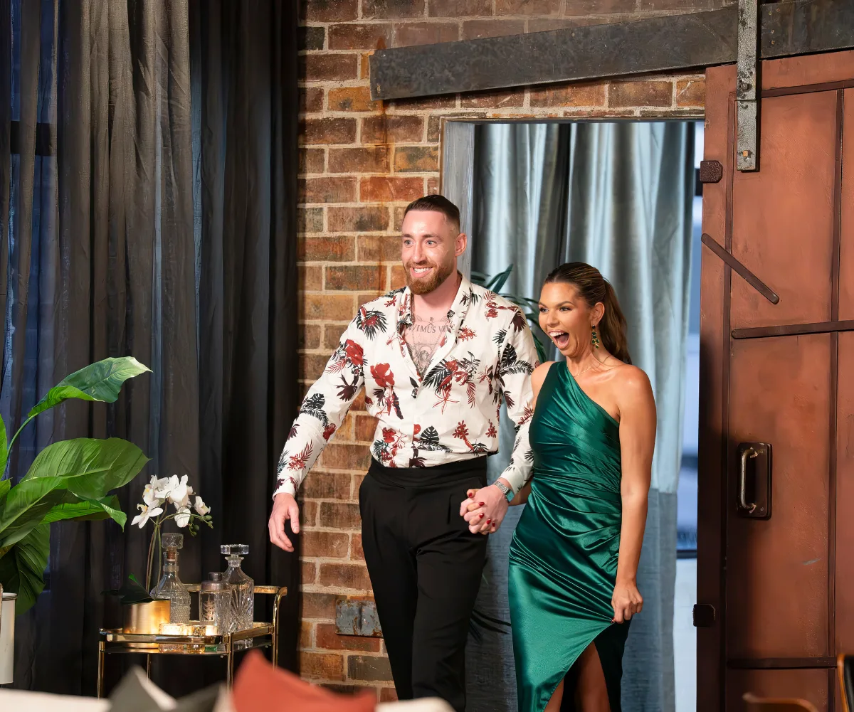 Danny and Bec enter the Married at First Sight dinner party.