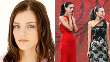 A close-up of Gemma on Top Model, next to a shot of Amanda looking shocked standing next to Kelsey on Top Model