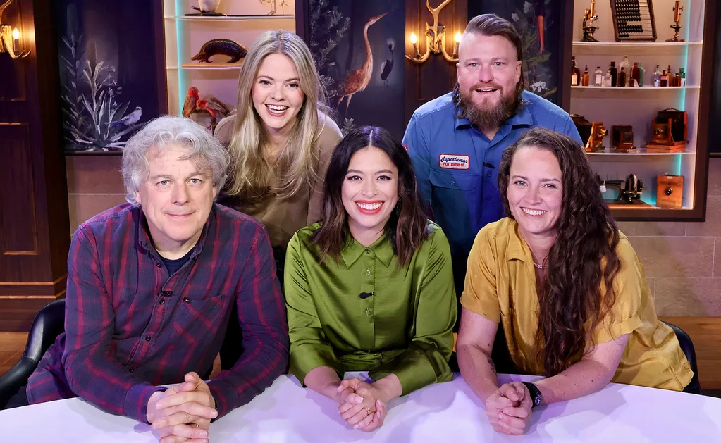 Tonight at the Museum host Alex with guests (from left) Alan Davies, Tegan Higginbotham, Brett Blake and Zoe Coombs Marr.