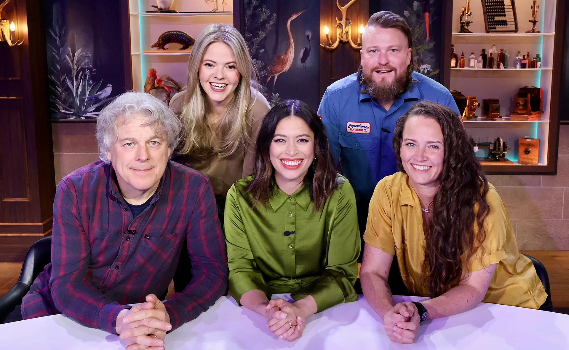Tonight at the Museum host Alex with guests (from left) Alan Davies, Tegan Higginbotham, Brett Blake and Zoe Coombs Marr.