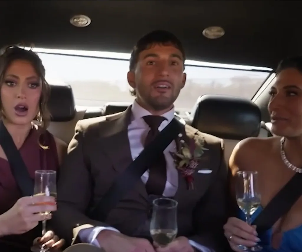 Luke from MAFS Australia season 13 in the back of limo with his two sisters looking shocked.