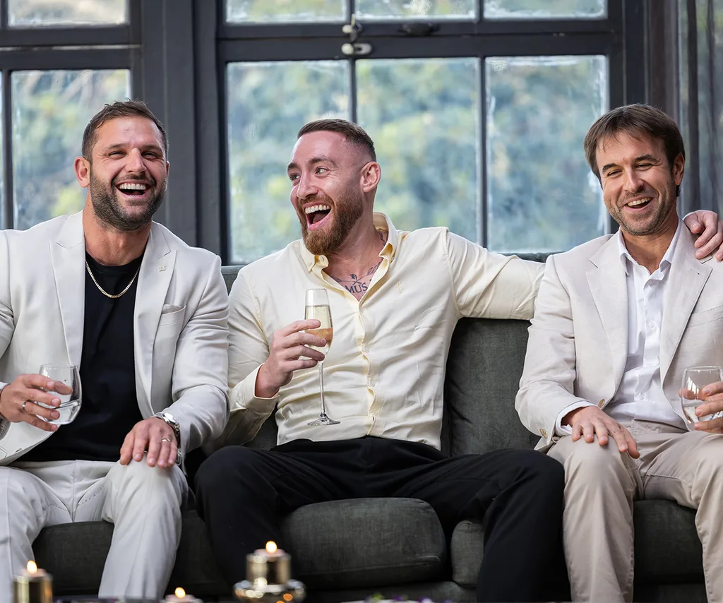 Danny from MAFS sits in between Scott (left) and Stephen (right). They are all smiles before entering the official dinner party.