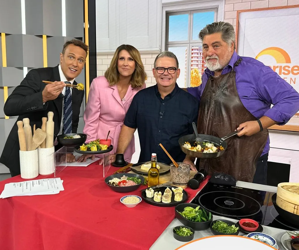 Former MasterChef stars Gary Mehigan and Matt Preston appear on Sunrise with Matt Shirvington and Natalie Barr.