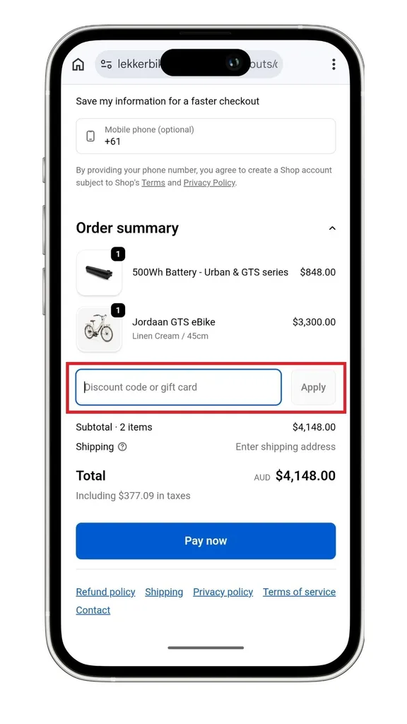 The LEKKER bikes discount code field at the checkout on a mobile.