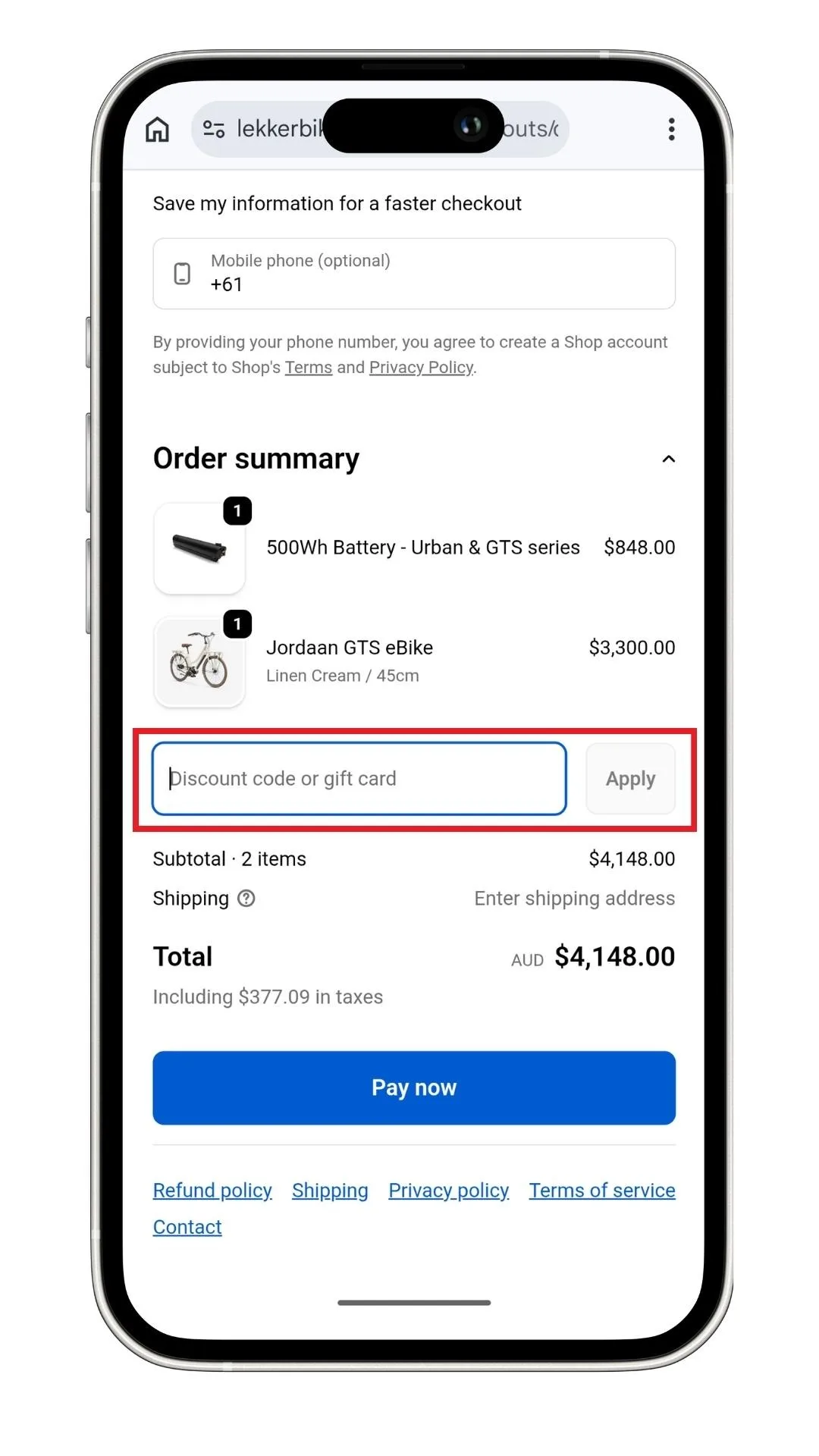 The LEKKER bikes discount code field at the checkout on a mobile.