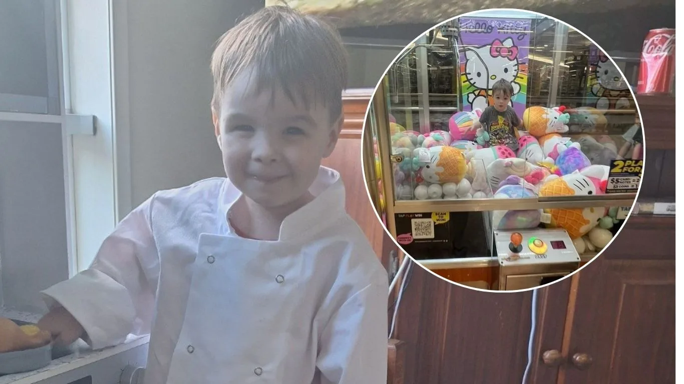 Ethan Hopper, who climbed inside a toy machine. (Image: Supplied)