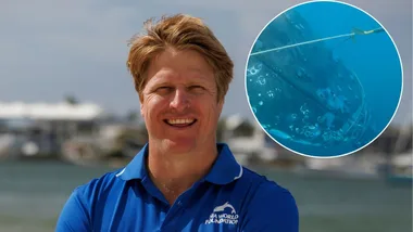 Ben Markham and the whale that had become entangled. (Image: Vince Valitutti/Supplied)