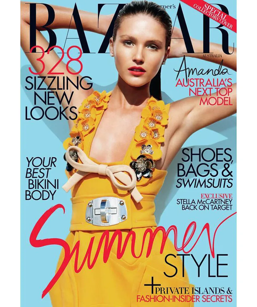 Amanda, in a yellow dress, poses on the cover of Harper's Bazaar