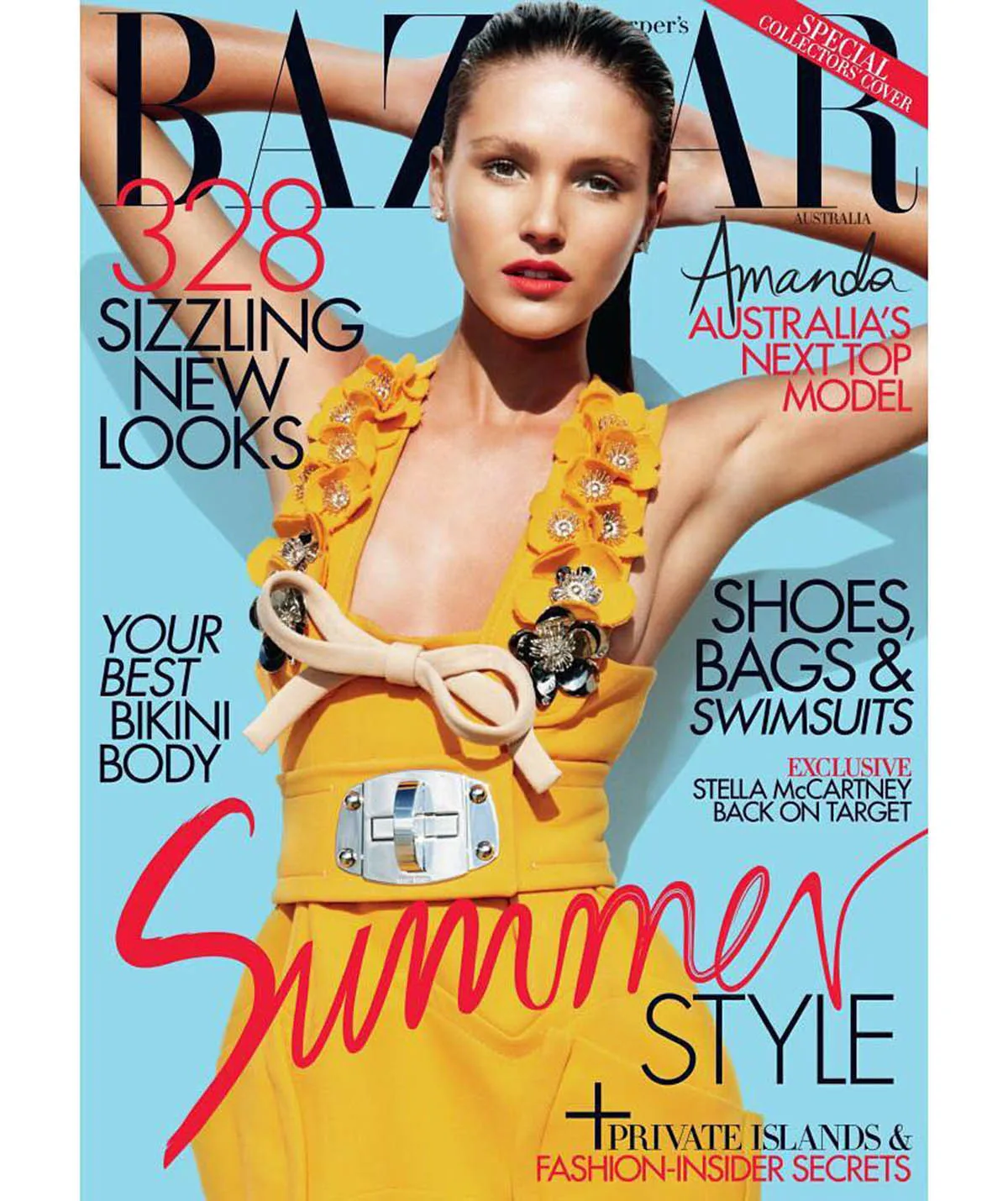 Amanda, in a yellow dress, poses on the cover of Harper's Bazaar