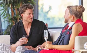 MAFS Sam talks to Danny and Bec at the cocktail party on the couch about his relationship issues with Chris.