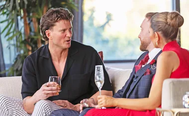 MAFS Sam talks to Danny and Bec at the cocktail party on the couch about his relationship issues with Chris.