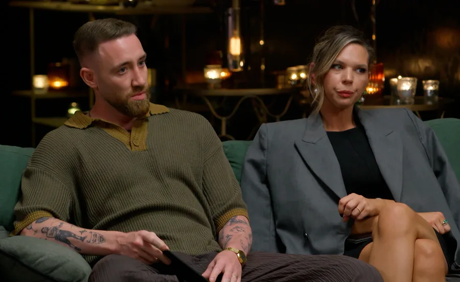 Danny and Bec on the couch at the MAFS Commitment Ceremony #3.