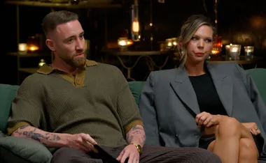 Danny and Bec on the couch at the MAFS Commitment Ceremony #3.