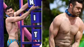 Simon, wearing only a swimsuit, places blocks in a challenge, while Harry, also only wearing a swimsuit, is shown in close-up