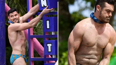 Simon, wearing only a swimsuit, places blocks in a challenge, while Harry, also only wearing a swimsuit, is shown in close-up