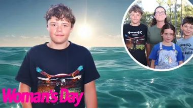 A main image of a young boy and an inset of him with his mum and two siblings.