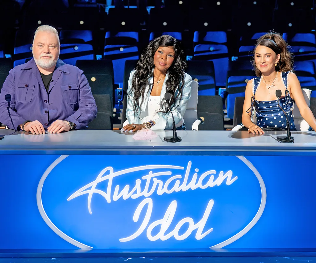 Kyle Sandilands, Marcia Hines and Amy Shark sit at the Australian Idol judging panel.