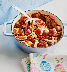 Nutella hot cross bun pudding with raspberry