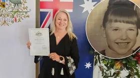 Debbie Rivers at her Citizenship ceremony and when she was a child in England. (Images: Supplied)