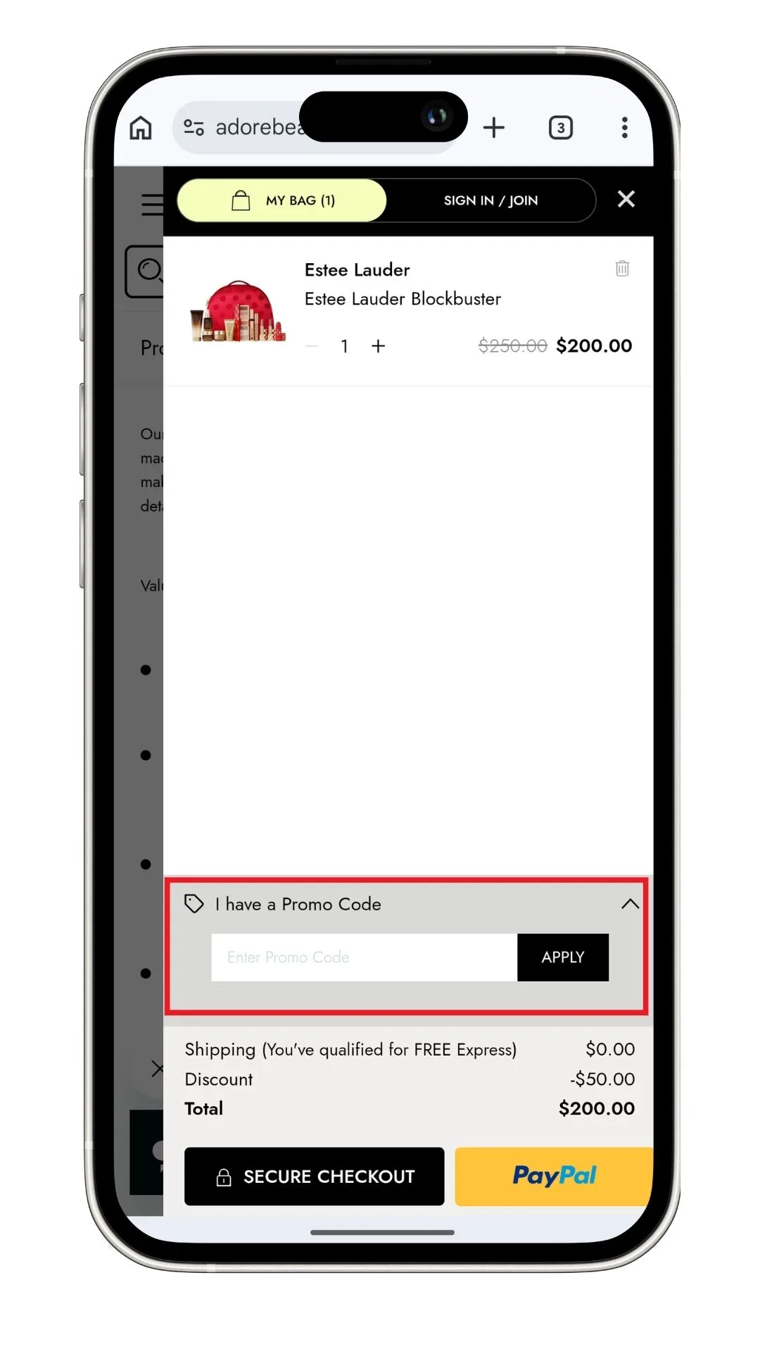 The Adore Beauty discount code in the order summary.