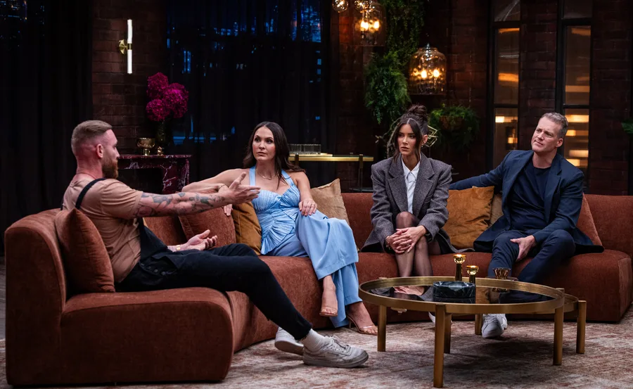 Danny from MAFS on the MAFS: After the Dinner Party couch with hosts Laura Byrne, Brittany Hockley and Jules Lund.