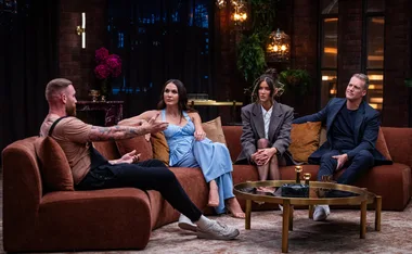 Danny from MAFS on the MAFS: After the Dinner Party couch with hosts Laura Byrne, Brittany Hockley and Jules Lund.