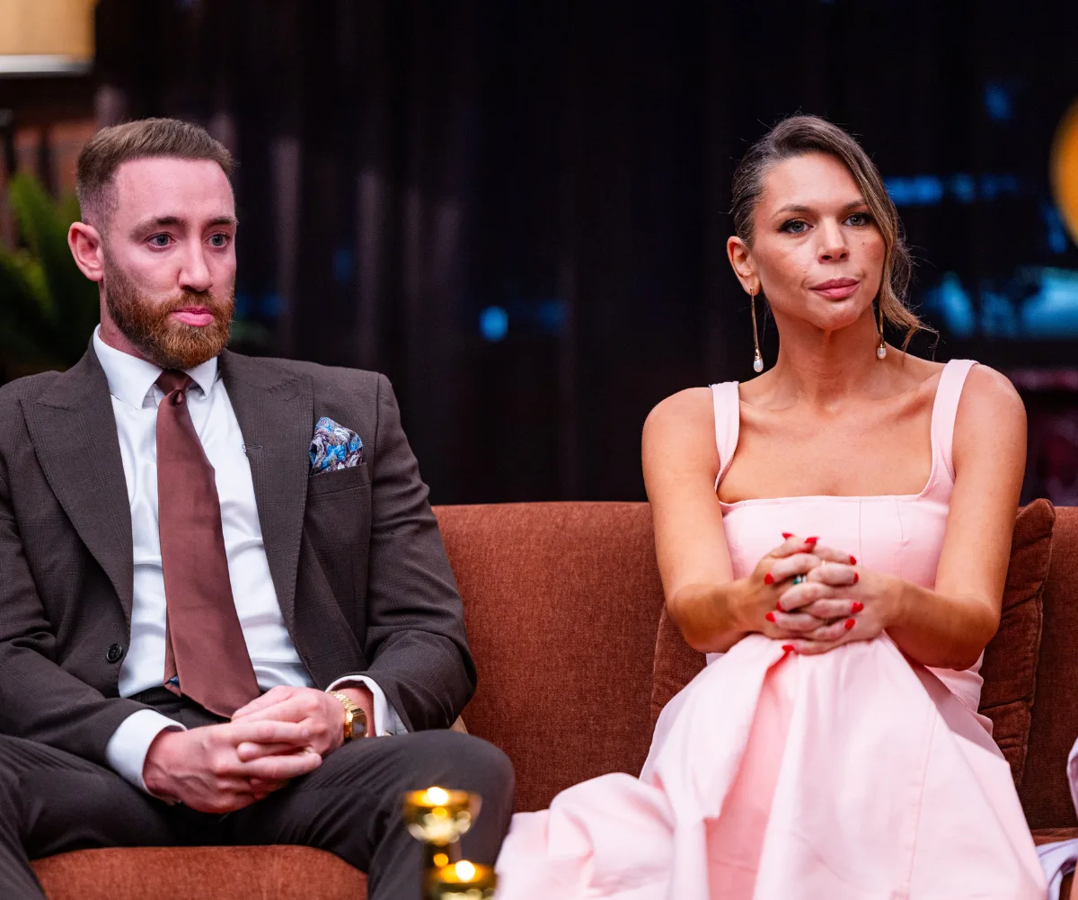 Danny and Bec from MAFS on MAFS: After the Dinner Party couch.