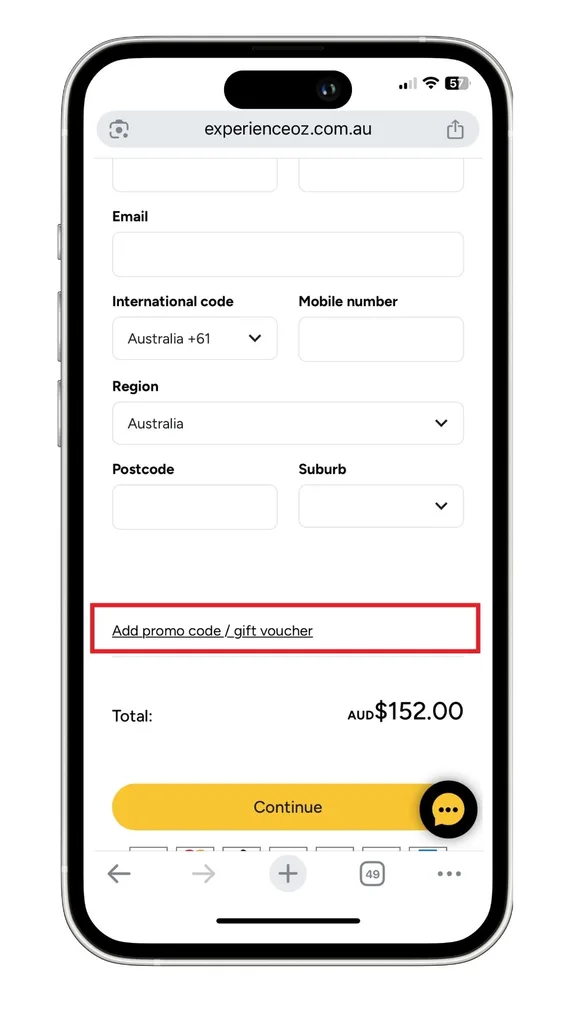 Experience Oz promo code: a screenshot of the text you need to click to reveal where to add a code at checkout.