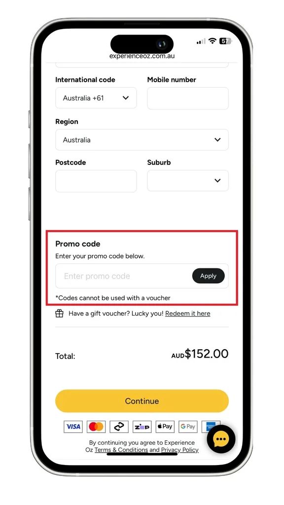 The Experience Oz promo code field at checkout.