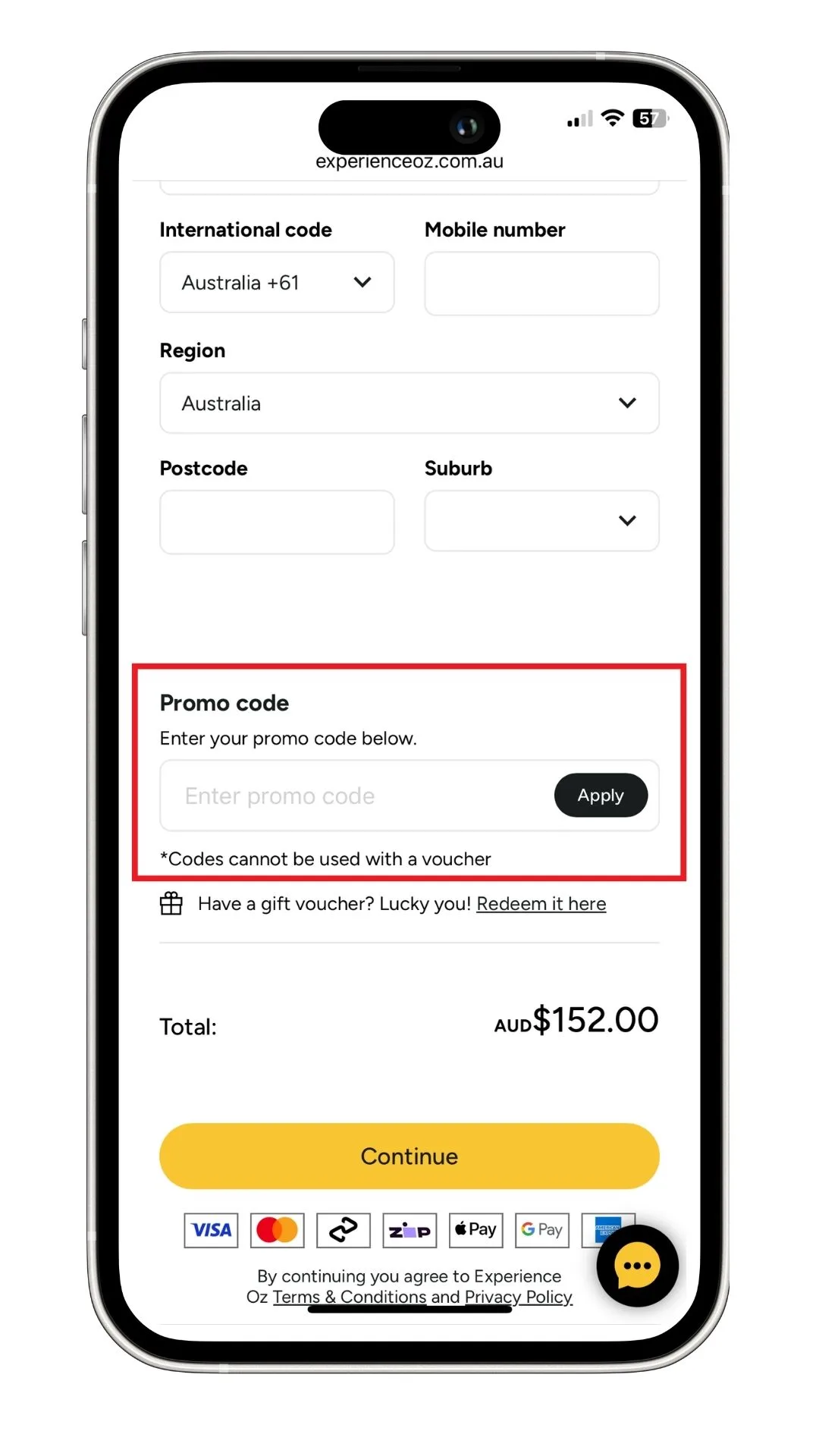 The Experience Oz promo code field at checkout.