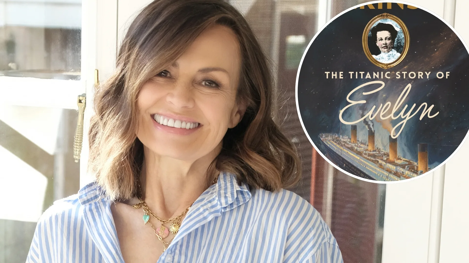 A smiling woman and an inset of a book cover