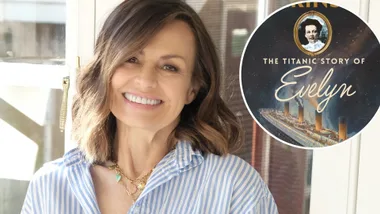 A smiling woman and an inset of a book cover